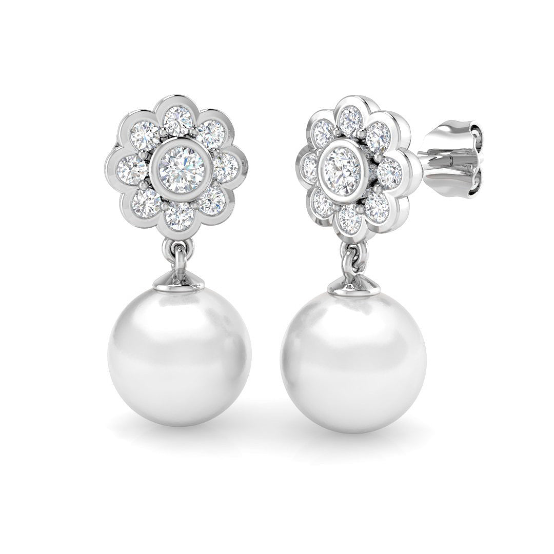 Pearl Floral Diamond Drop Earrings in 10K/14K gold and platinum with certified lab-grown or natural diamonds