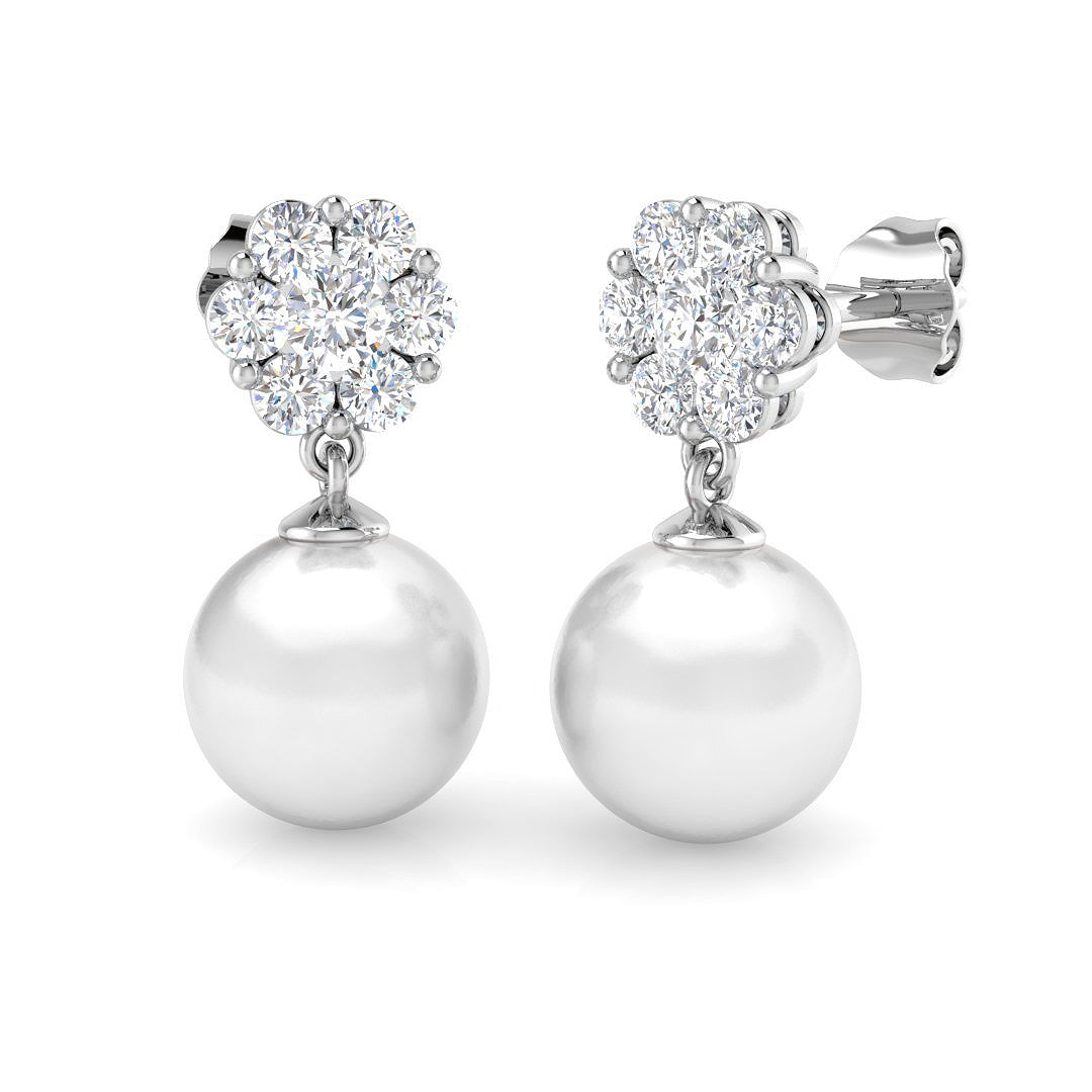 Pearl Floral Diamond Drop Earrings with Push Back - Gold & in 10K/14K gold and platinum with certified lab-grown or natural diamonds