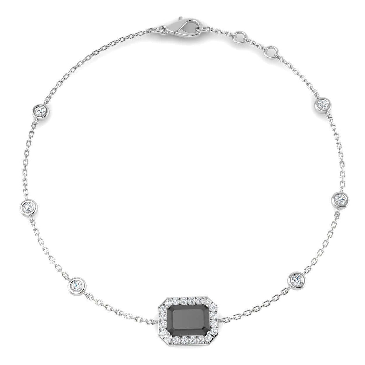 Solitaire Emerald Cut Black Stone with Natural Diamond Halo Chain Bracelet in 10K/14K gold and platinum with certified lab-grown or natural diamonds