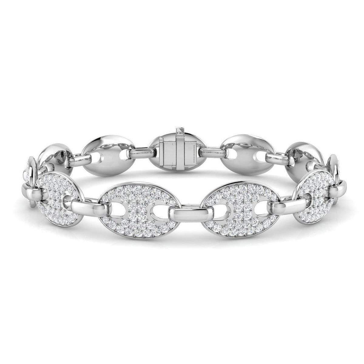 Natural Diamond Puff Link Bracelet with Pave Set Oval Links & Box Clasp in 10K/14K gold and platinum with certified lab-grown or natural diamonds