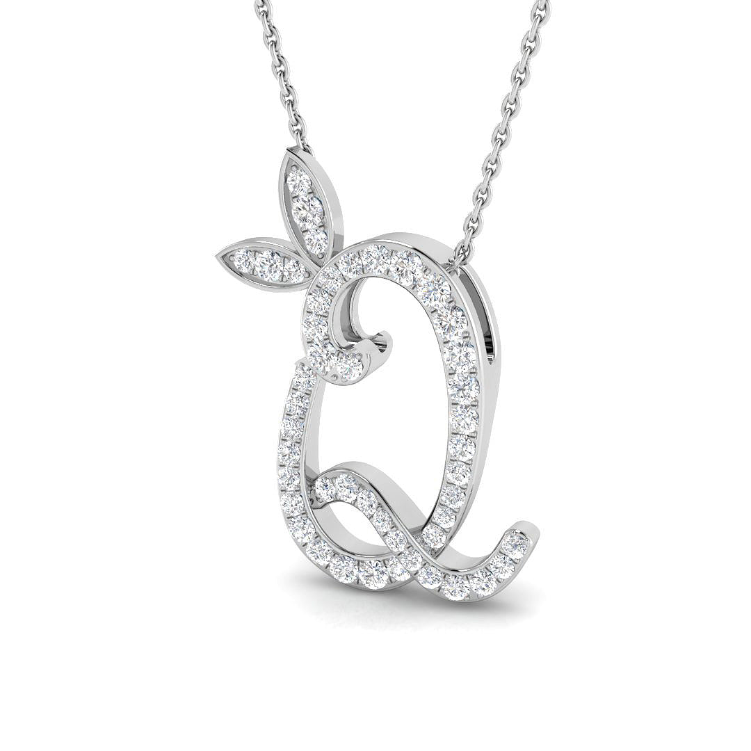 Paved Initial Diamond Pendant with Leaf Design in 10K/14K gold and platinum with certified lab-grown or natural diamonds