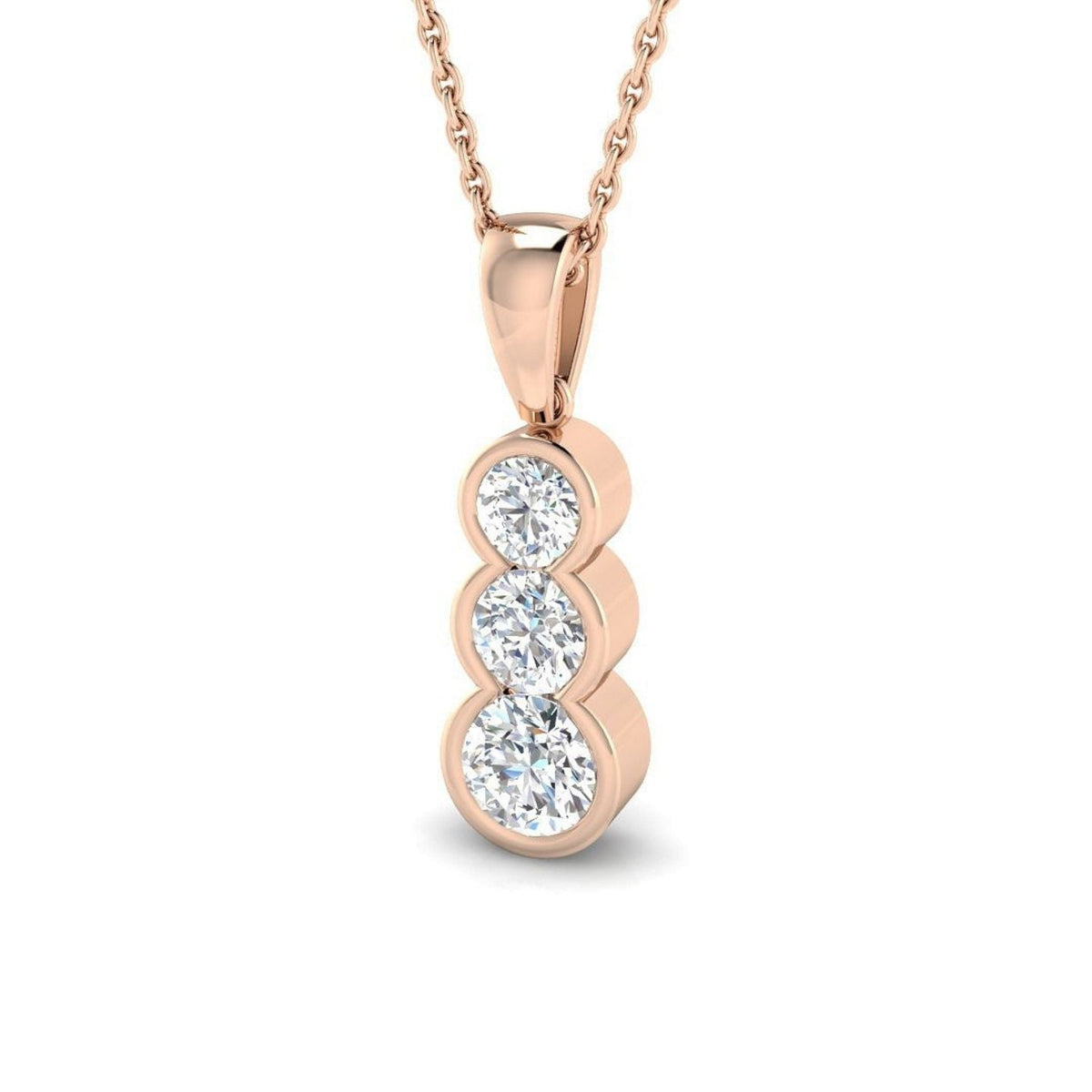 Three Stone Diamond Drop Pendant in Bezel Set - Vertical Design in 10K/14K gold and platinum with certified lab-grown or natural diamonds