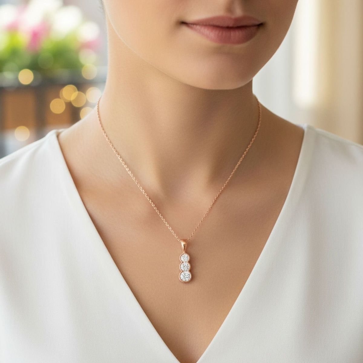 Three Stone Diamond Drop Pendant in Bezel Set - Vertical Design in 10K/14K gold and platinum with certified lab-grown or natural diamonds