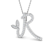 Paved Initial Diamond Pendant with Leaf Design in 10K/14K gold and platinum with certified lab-grown or natural diamonds