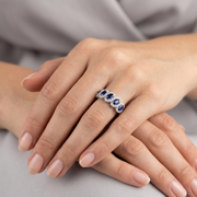 Blue Sapphire Five Stone Ring Oval Cut with Natural Round Side Accents in 10K/14K gold and platinum with certified lab-grown or natural diamonds