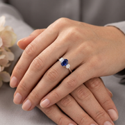 Oval Blue Sapphire Three Stone Ring with Diamond Sides in 10K/14K gold and platinum with certified lab-grown or natural diamonds