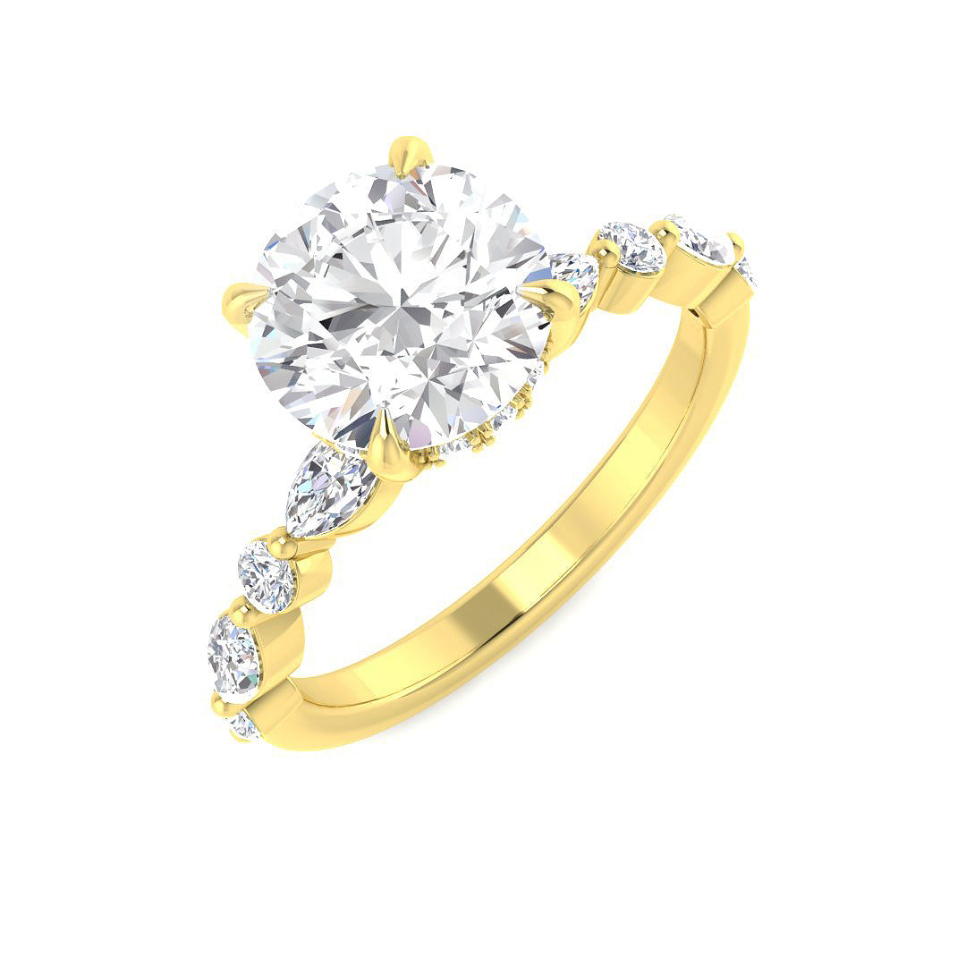 Round Diamond Ring with Marquise & Side Stones in 10K/14K gold and platinum with certified lab-grown or natural diamonds