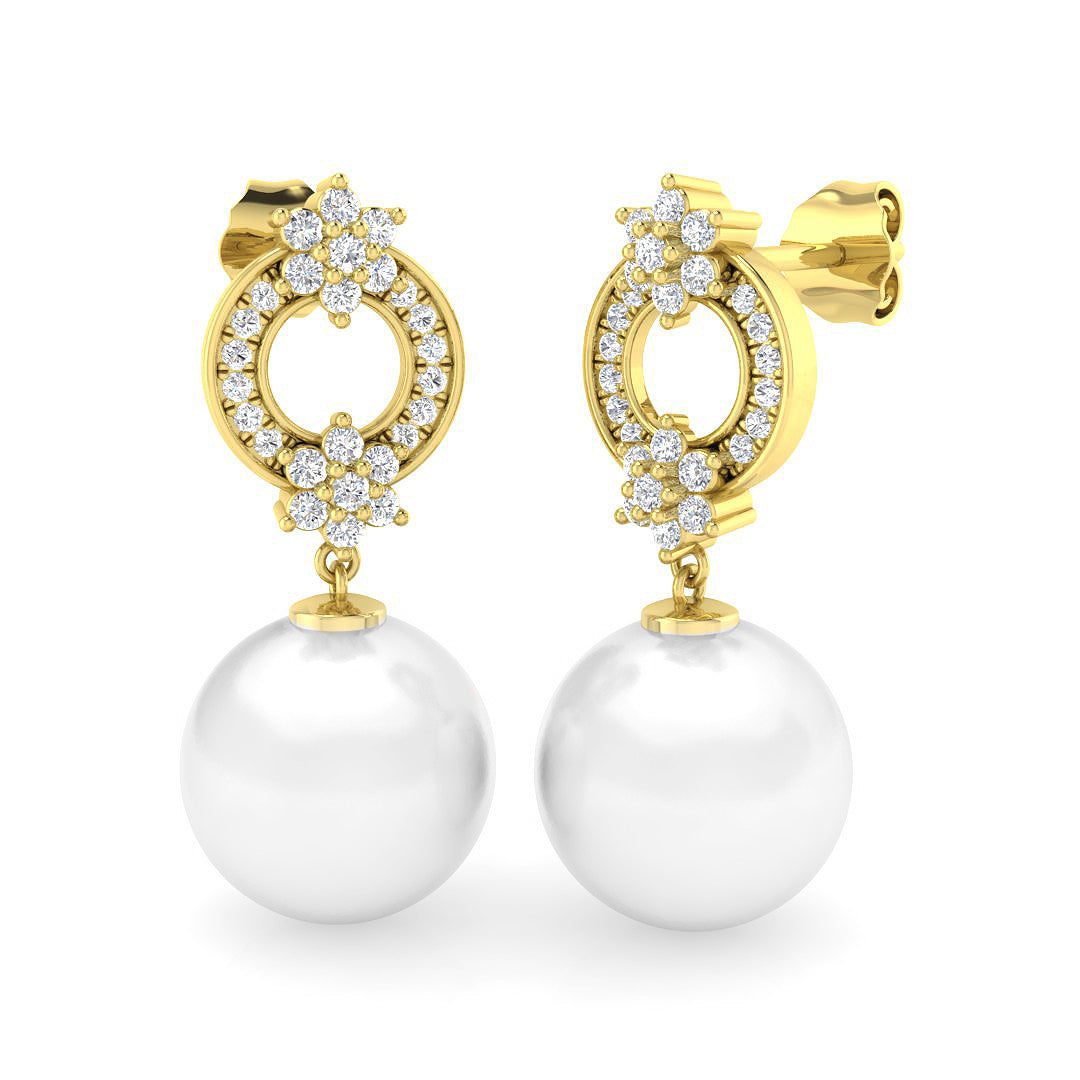 Floral Pearl Diamond Drop Earrings with Cluster Halo Design in 10K/14K gold and platinum with certified lab-grown or natural diamonds