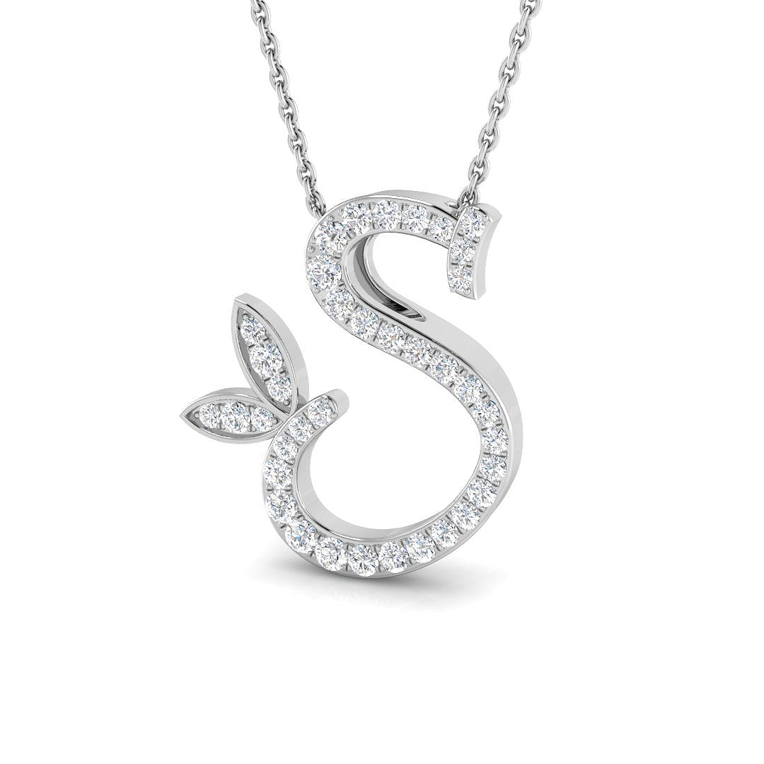 Paved Initial Diamond Pendant with Leaf Design in 10K/14K gold and platinum with certified lab-grown or natural diamonds