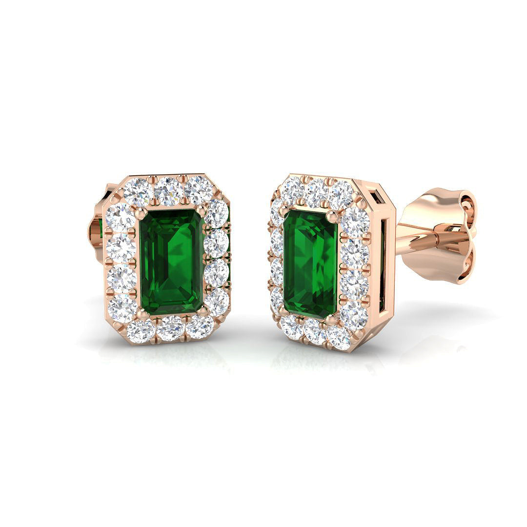 Emerald Halo Stud Earrings with Natural Diamonds - Luxury Design in 10K/14K gold and platinum with certified lab-grown or natural diamonds