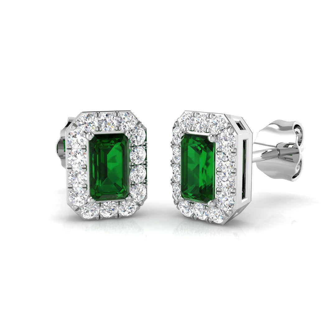 Emerald Halo Stud Earrings with Natural Diamonds - Luxury Design in 10K/14K gold and platinum with certified lab-grown or natural diamonds