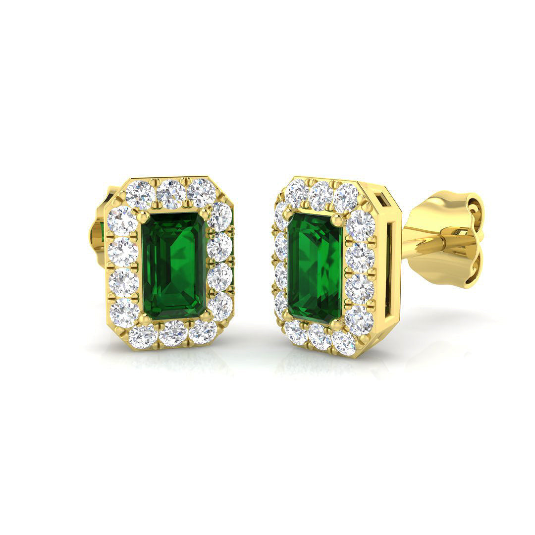 Emerald Halo Stud Earrings with Natural Diamonds - Luxury Design in 10K/14K gold and platinum with certified lab-grown or natural diamonds
