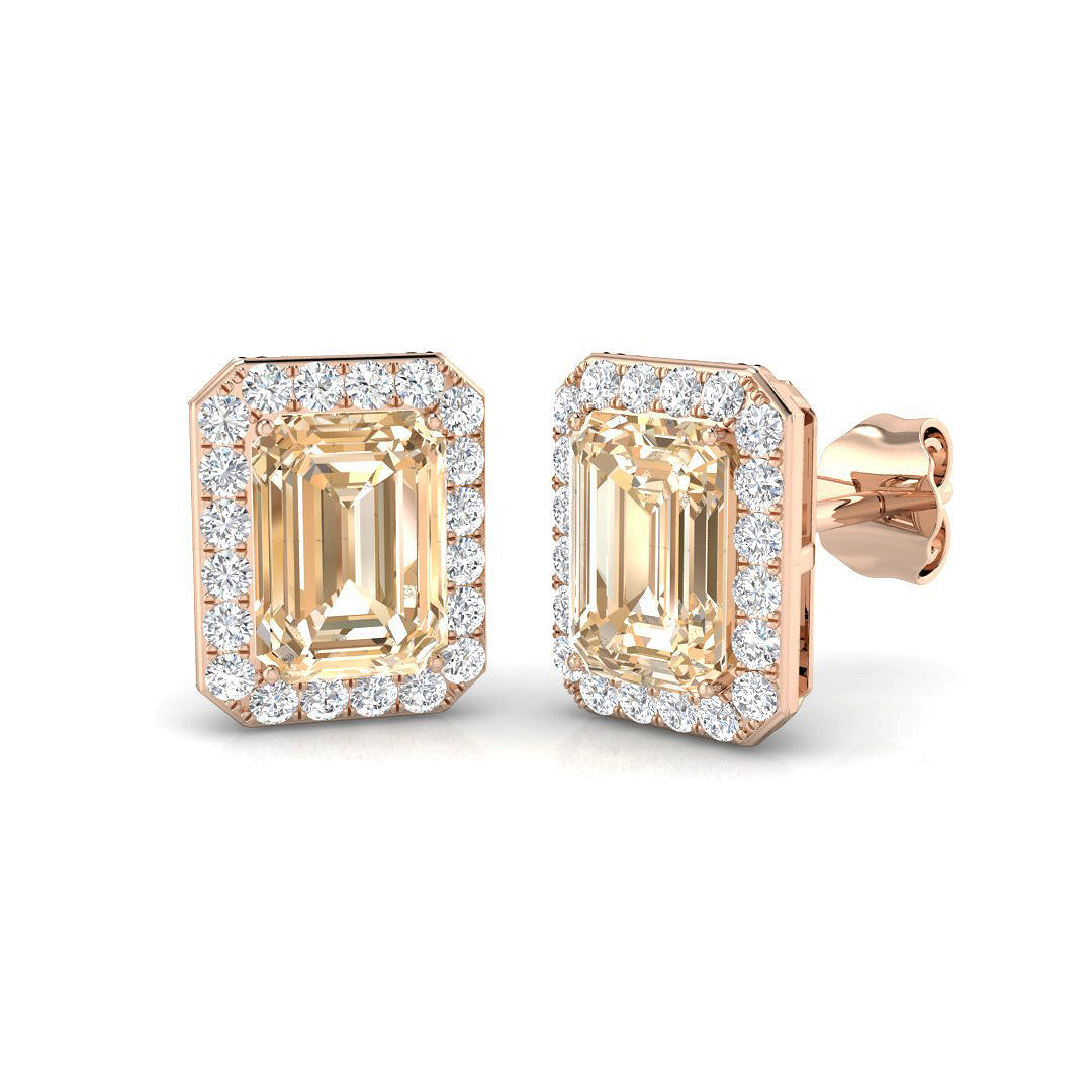 Emerald Cut Morganite Halo Stud Earrings - Luxury Jewellery - UK Made in 10K/14K gold and platinum with certified lab-grown or natural diamonds