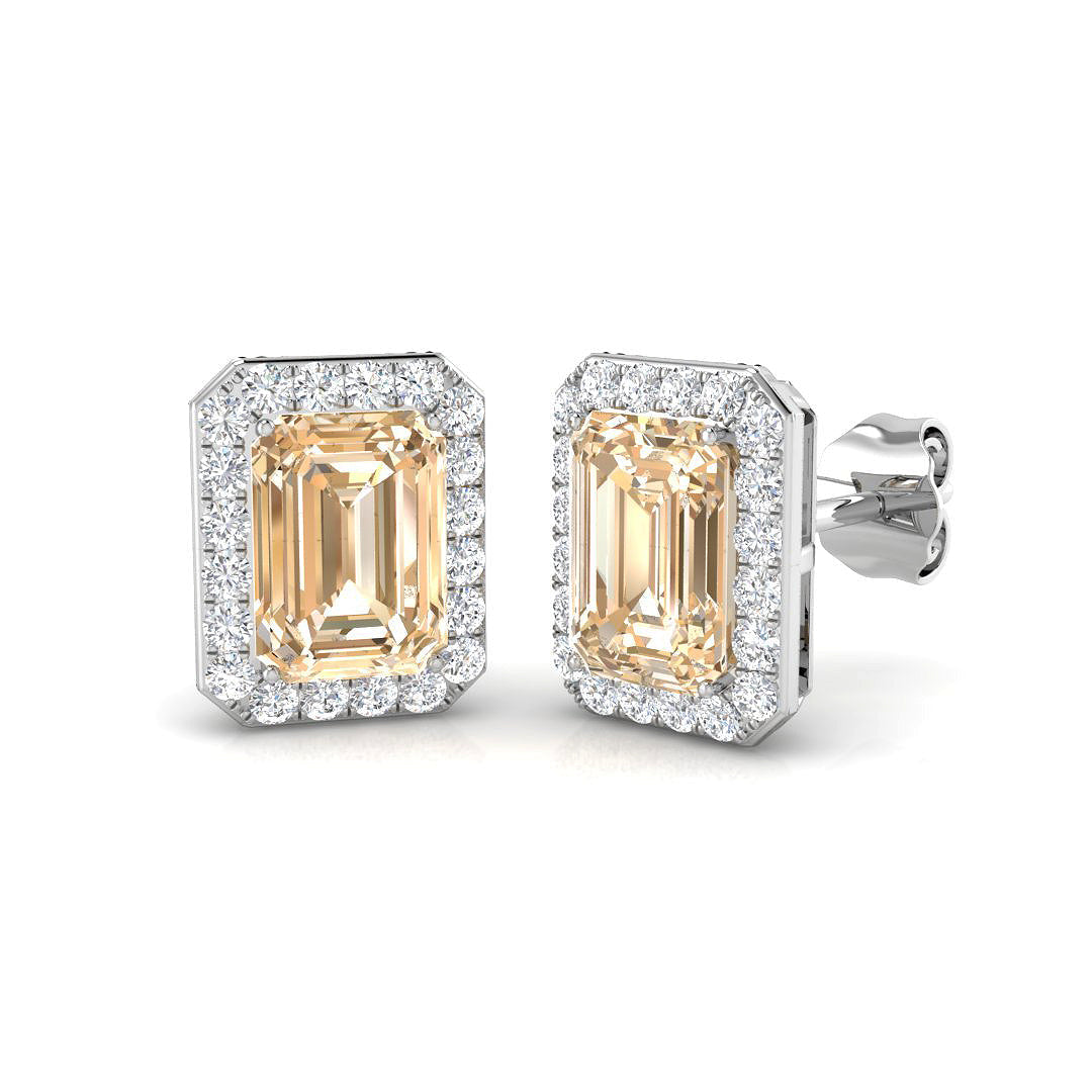 Emerald Cut Morganite Halo Stud Earrings - Luxury Jewellery - UK Made in 10K/14K gold and platinum with certified lab-grown or natural diamonds