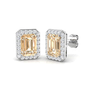 Emerald Cut Morganite Halo Stud Earrings - Luxury Jewellery - UK Made in 10K/14K gold and platinum with certified lab-grown or natural diamonds
