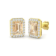 Emerald Cut Morganite Halo Stud Earrings - Luxury Jewellery - UK Made in 10K/14K gold and platinum with certified lab-grown or natural diamonds