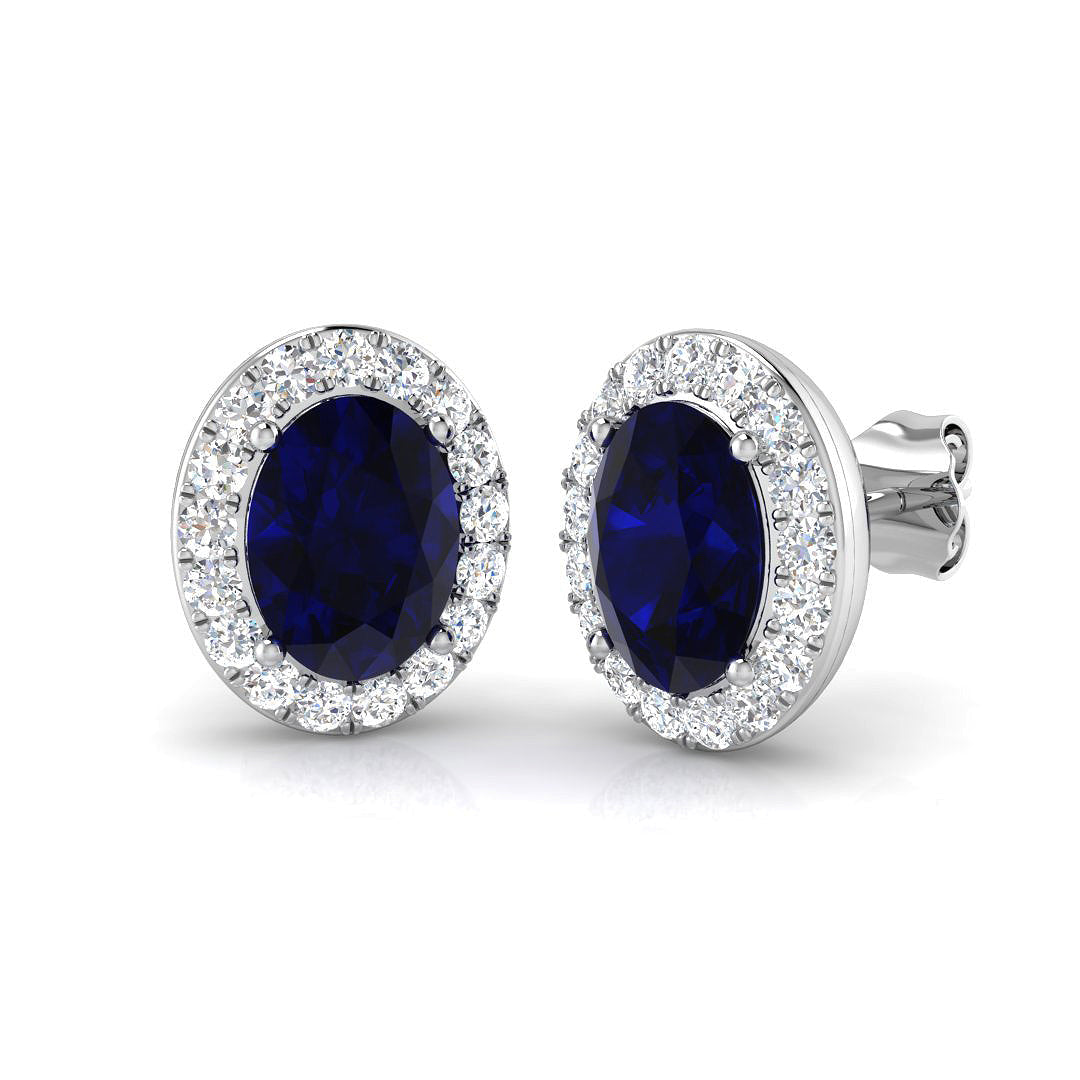 Blue Sapphire Gemstone Halo Stud Earrings in 10K/14K gold and platinum with certified lab-grown or natural diamonds