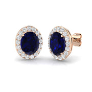 Blue Sapphire Gemstone Halo Stud Earrings in 10K/14K gold and platinum with certified lab-grown or natural diamonds