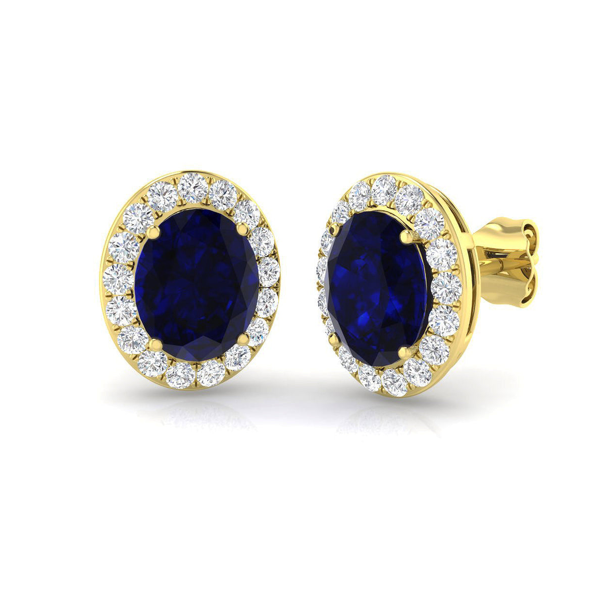 Blue Sapphire Gemstone Halo Stud Earrings in 10K/14K gold and platinum with certified lab-grown or natural diamonds