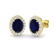 Blue Sapphire Gemstone Halo Stud Earrings in 10K/14K gold and platinum with certified lab-grown or natural diamonds