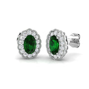 Oval Cut Emerald Halo Stud Earrings in 10K/14K gold and platinum with certified lab-grown or natural diamonds