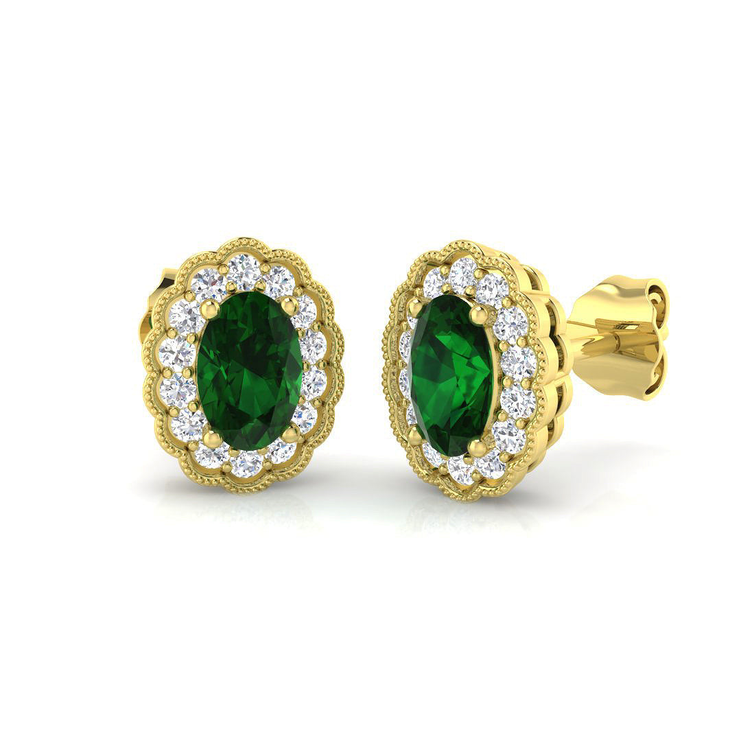 Oval Cut Emerald Halo Stud Earrings in 10K/14K gold and platinum with certified lab-grown or natural diamonds