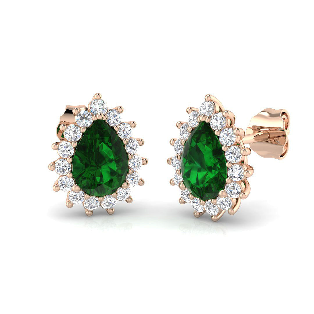 Halo Stud Earrings with Pear Emerald & Diamond Cluster in 10K/14K gold and platinum with certified lab-grown or natural diamonds