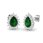 Halo Stud Earrings with Pear Emerald & Diamond Cluster in 10K/14K gold and platinum with certified lab-grown or natural diamonds