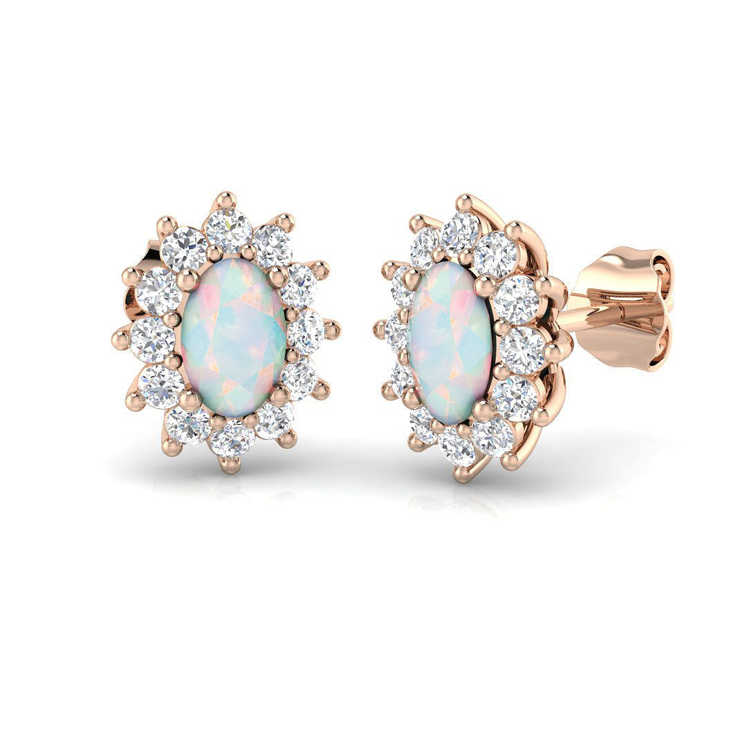 Halo Stud Earrings - 1.00 Carat Tulty Diana Oval Opal Cluster in 10K/14K gold and platinum with certified lab-grown or natural diamonds