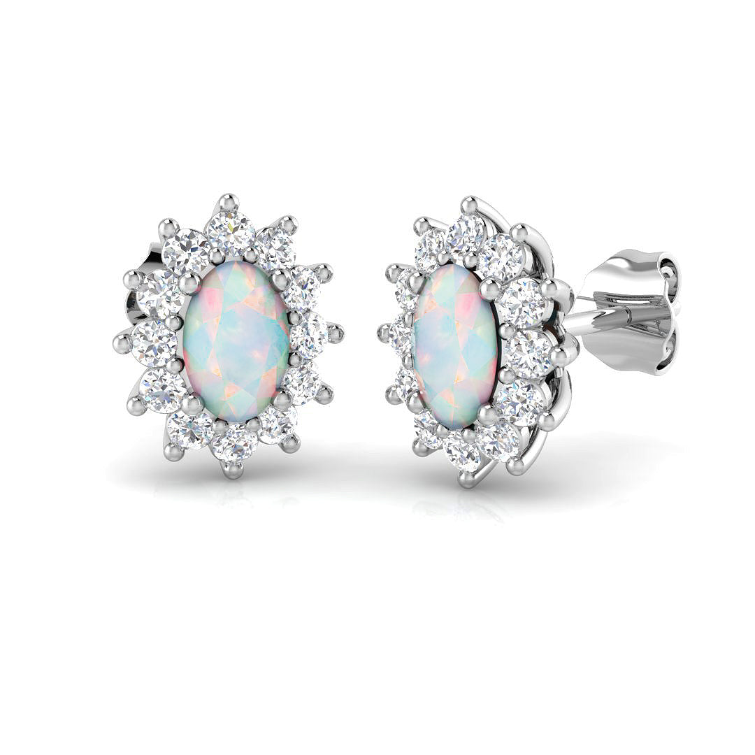 Halo Stud Earrings - 1.00 Carat Tulty Diana Oval Opal Cluster in 10K/14K gold and platinum with certified lab-grown or natural diamonds