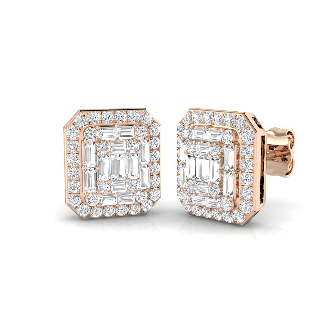 Stud Earrings with Emerald Shape Diamond Cluster - 1ct Solid in 10K/14K gold and platinum with certified lab-grown or natural diamonds