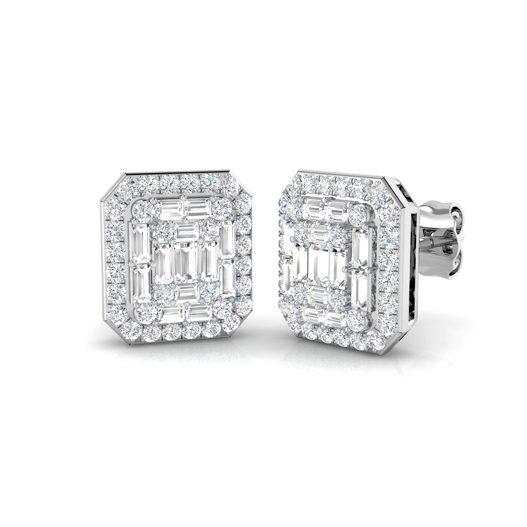 Stud Earrings with Emerald Shape Diamond Cluster - 1ct Solid in 10K/14K gold and platinum with certified lab-grown or natural diamonds