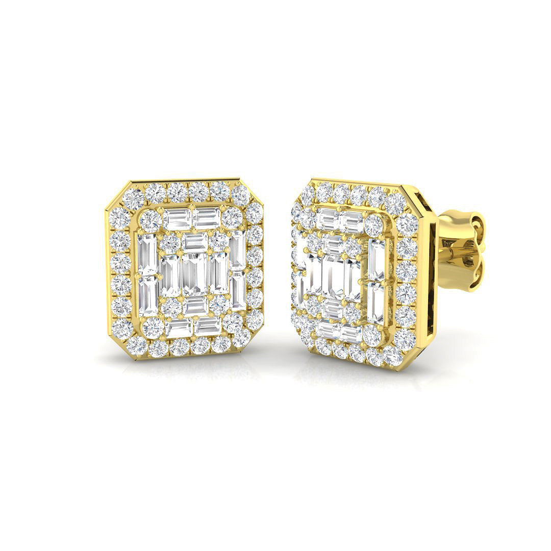 Stud Earrings with Emerald Shape Diamond Cluster - 1ct Solid in 10K/14K gold and platinum with certified lab-grown or natural diamonds