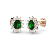 Halo Stud Earrings Oval Green Emerald Diamond Cluster in 10K/14K gold and platinum with certified lab-grown or natural diamonds