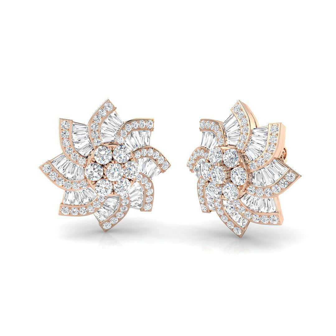 Stud Earrings with Floral Sunburst Diamond Cluster - 2.5ct Solid in 10K/14K gold and platinum with certified lab-grown or natural diamonds
