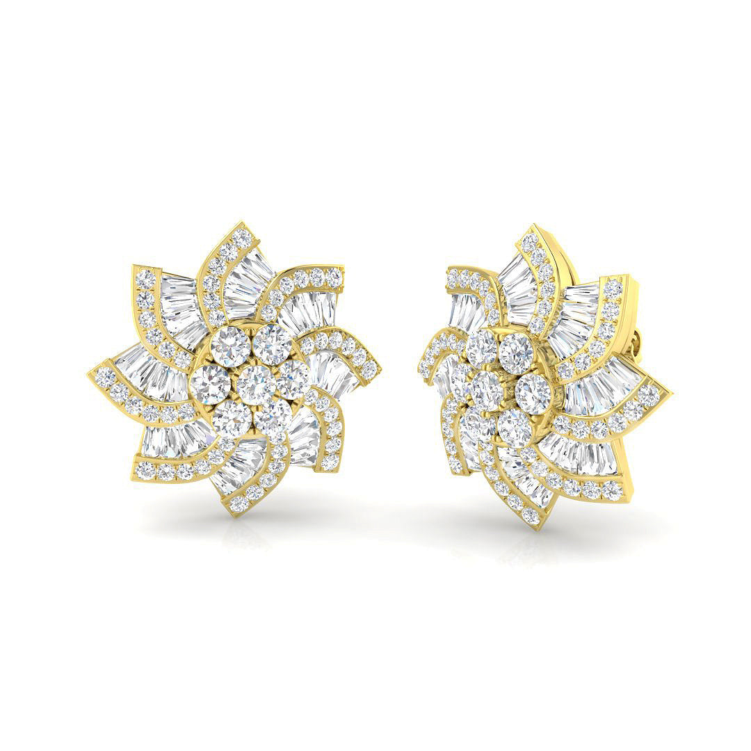 Stud Earrings with Floral Sunburst Diamond Cluster - 2.5ct Solid in 10K/14K gold and platinum with certified lab-grown or natural diamonds