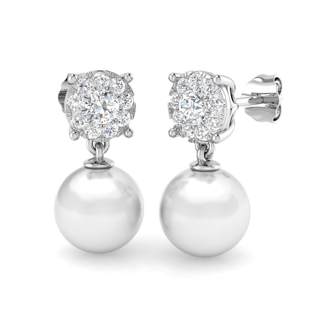 Cluster Diamond Pearl Drop Earrings in Gold - Push Back - UK Hallmarked in 10K/14K gold and platinum with certified lab-grown or natural diamonds