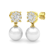 Cluster Diamond Pearl Drop Earrings in Gold - Push Back - UK Hallmarked in 10K/14K gold and platinum with certified lab-grown or natural diamonds
