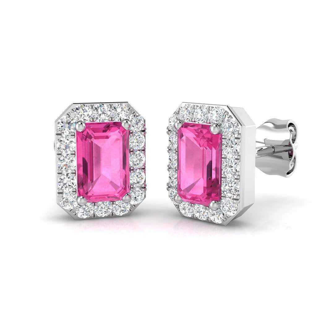 Emerald Cut Pink Sapphire Diamond Stud Earrings - Push Back - UK Made in 10K/14K gold and platinum with certified lab-grown or natural diamonds