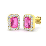 Emerald Cut Pink Sapphire Diamond Stud Earrings - Push Back - UK Made in 10K/14K gold and platinum with certified lab-grown or natural diamonds