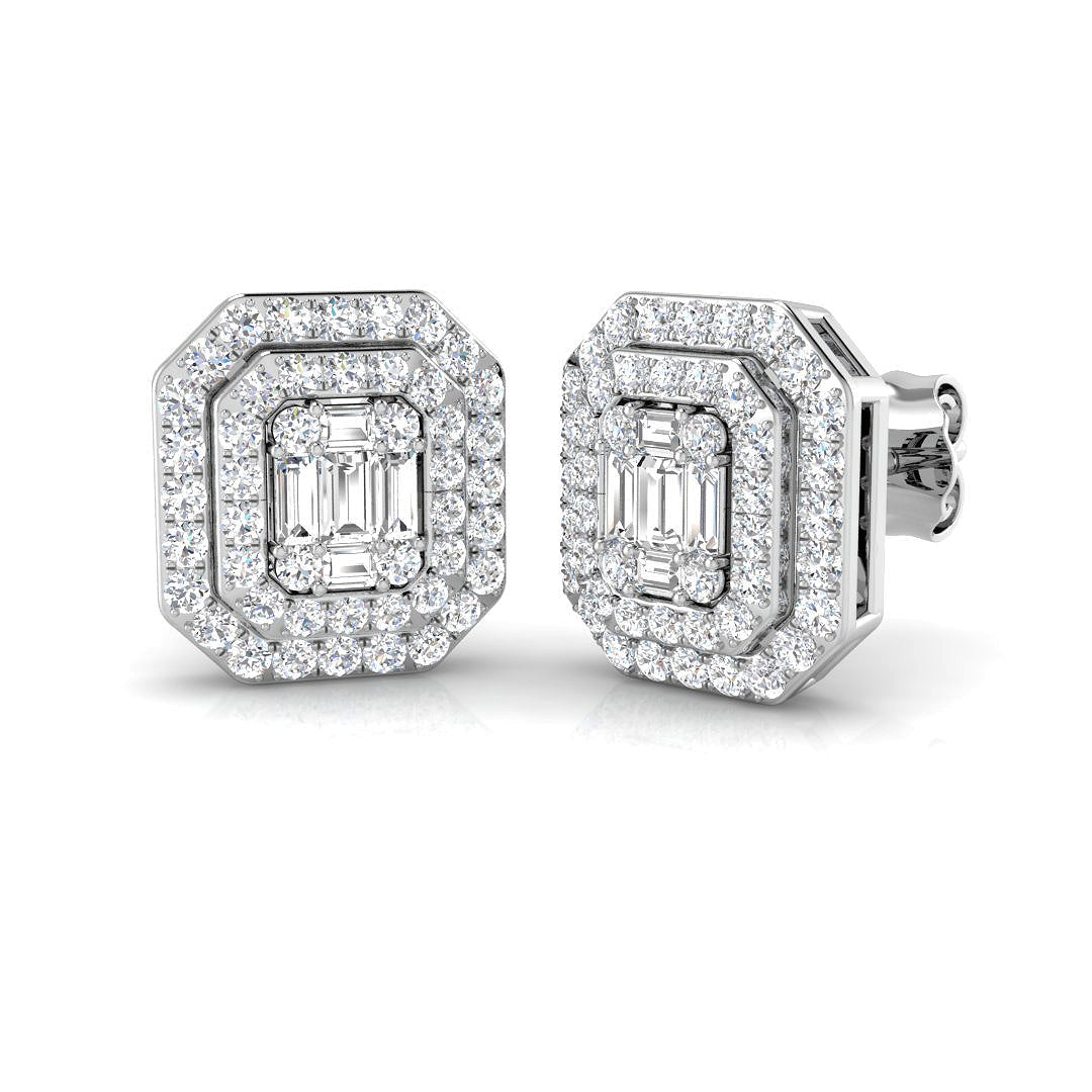 Stud Earrings with Double Octagon Halo Cluster - 1ct Solid in 10K/14K gold and platinum with certified lab-grown or natural diamonds