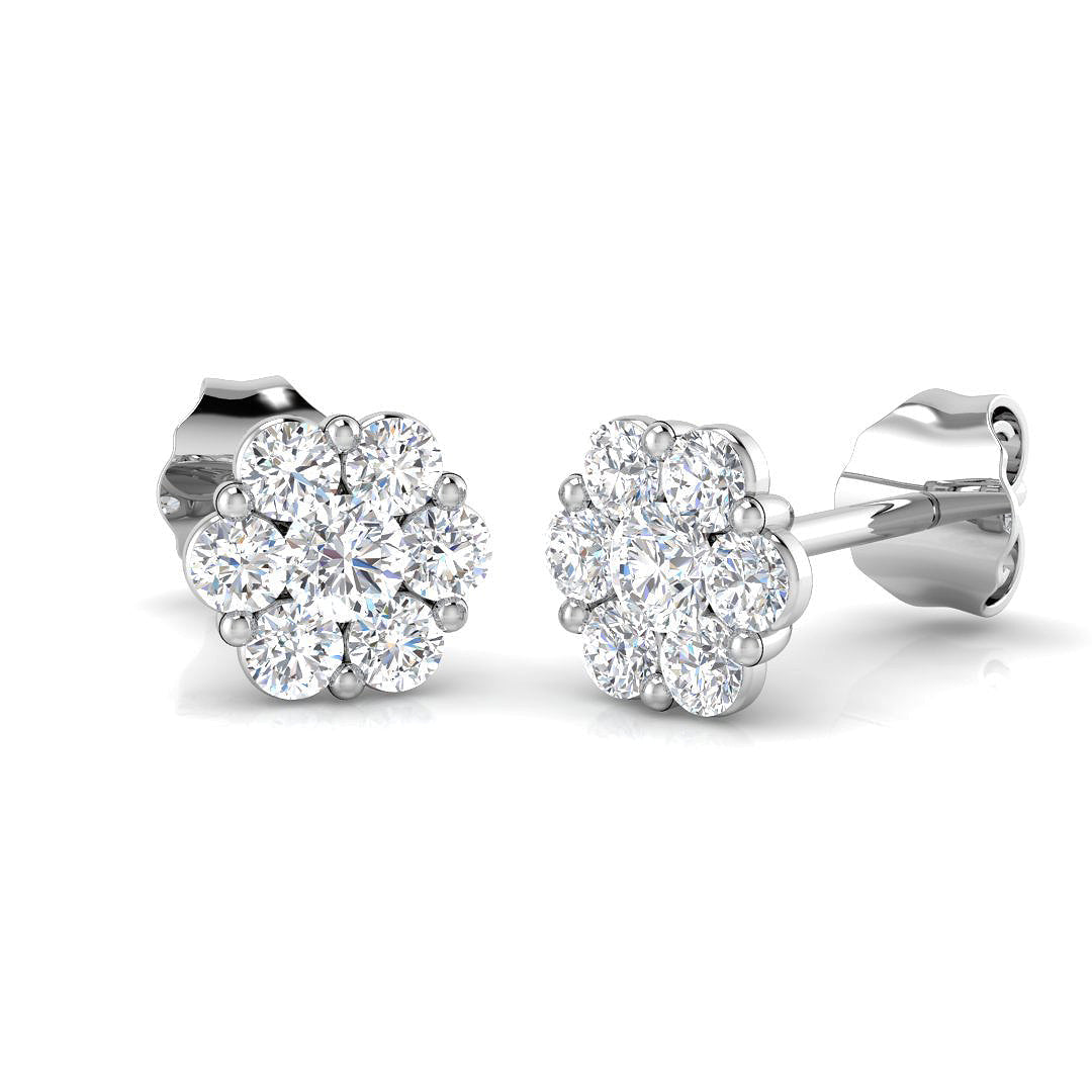 Glow Gold Round Diamond Halo Cluster Stud Earrings in 10K/14K gold and platinum with certified lab-grown or natural diamonds