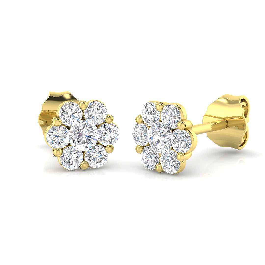 Glow Gold Round Diamond Halo Cluster Stud Earrings in 10K/14K gold and platinum with certified lab-grown or natural diamonds