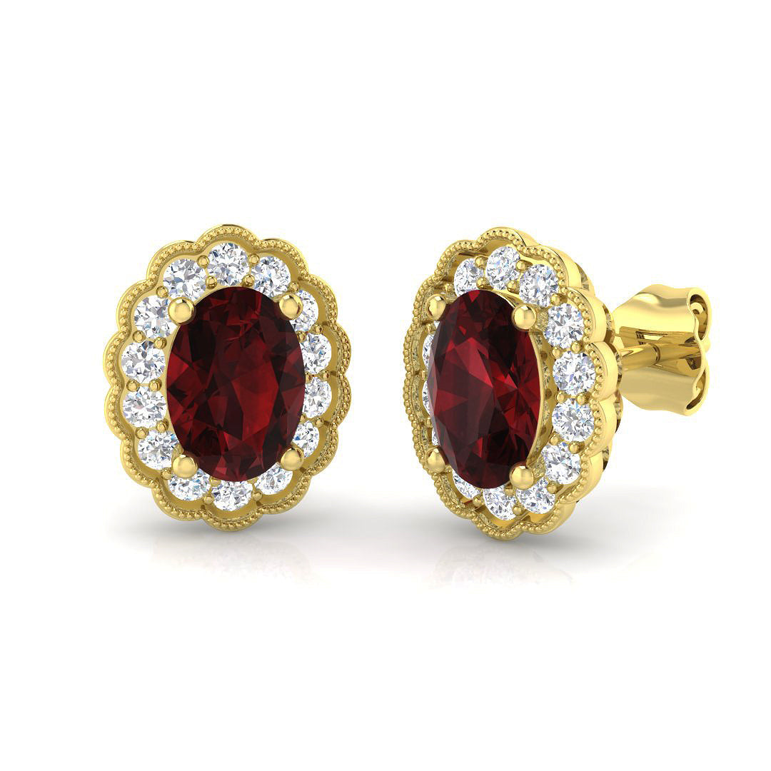 Ruby Halo Milgrain Stud Earrings in 10K/14K gold and platinum with certified lab-grown or natural diamonds