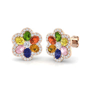 Luxury Oval Multi-Gemstone Diamond Flower Stud Earrings - 3.50ct Halo Design in 10K/14K gold and platinum with certified lab-grown or natural diamonds