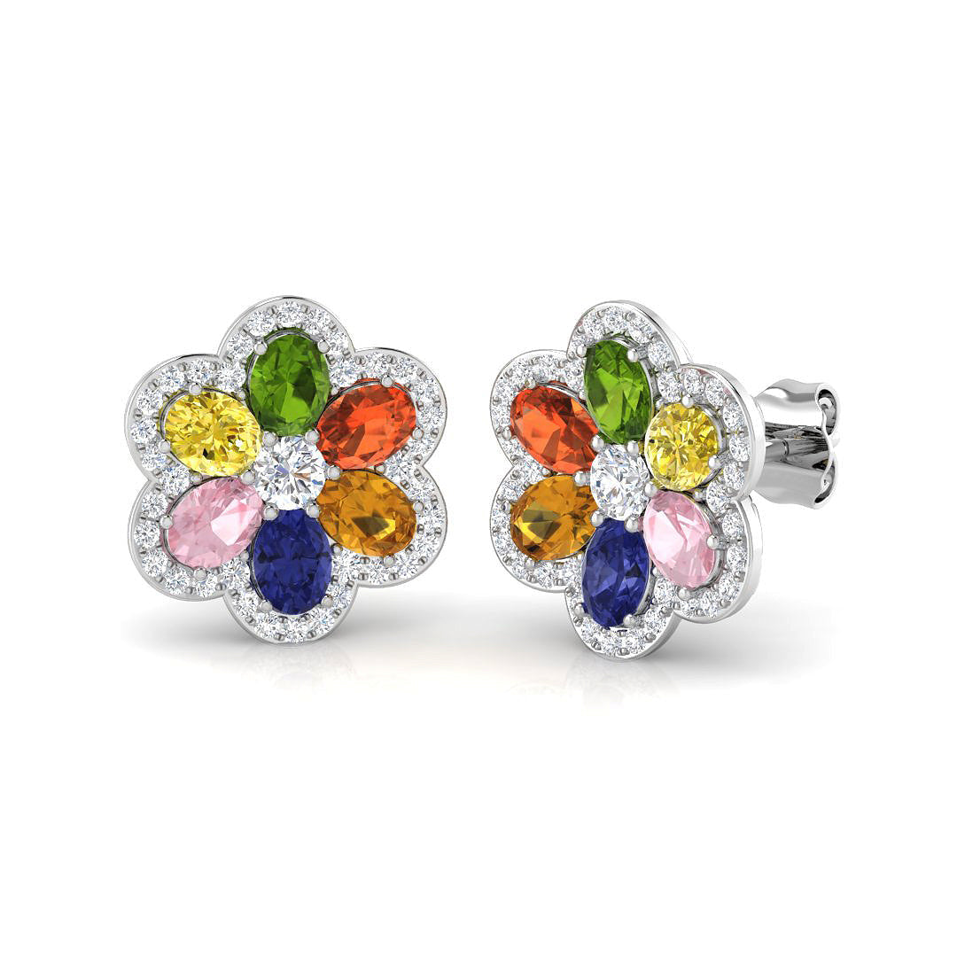 Luxury Oval Multi-Gemstone Diamond Flower Stud Earrings - 3.50ct Halo Design in 10K/14K gold and platinum with certified lab-grown or natural diamonds
