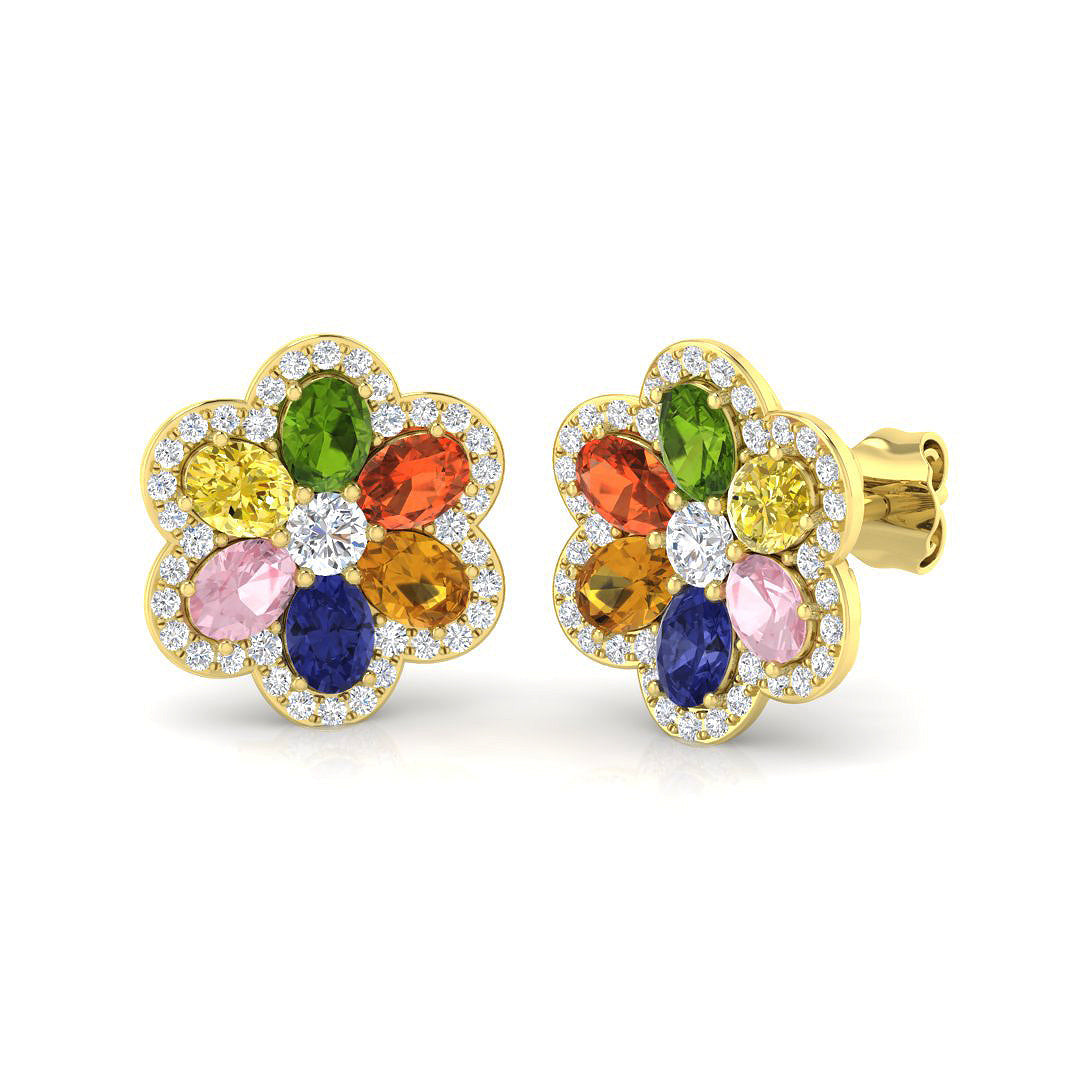 Luxury Oval Multi-Gemstone Diamond Flower Stud Earrings - 3.50ct Halo Design in 10K/14K gold and platinum with certified lab-grown or natural diamonds