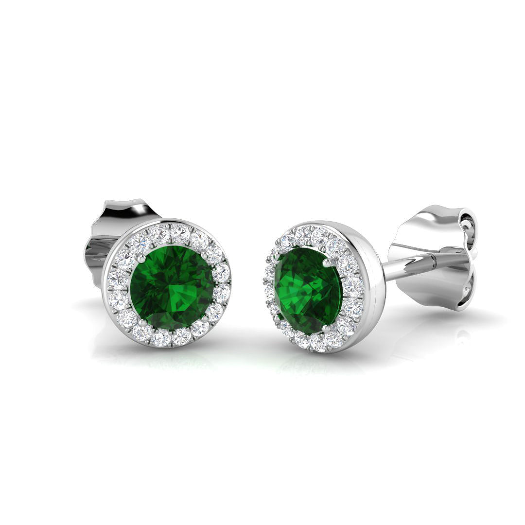 Green Emerald Halo Earrings in Gold - Gemstone Studs with Push Back in 10K/14K gold and platinum with certified lab-grown or natural diamonds