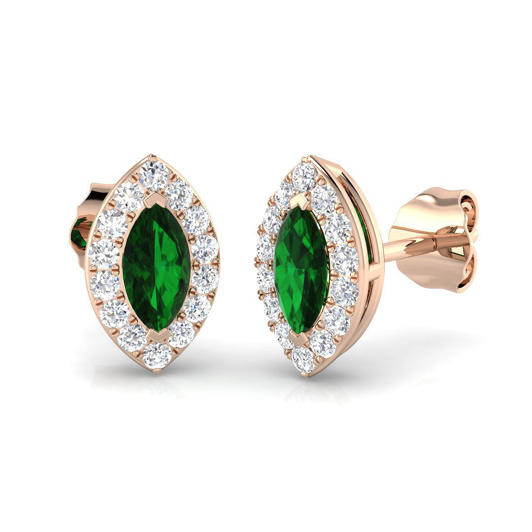 Marquise Cut Emerald Diamond Halo Stud Earrings - Push Back Closure in 10K/14K gold and platinum with certified lab-grown or natural diamonds