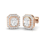 Stud Earrings with Emerald Cut Diamond Halo - 1ct Solid in 10K/14K gold and platinum with certified lab-grown or natural diamonds